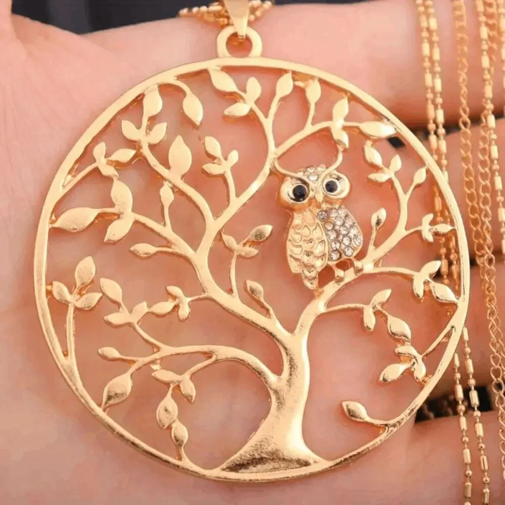 Tree Of Life Diamond Owl Pendant Triple Chain Necklace